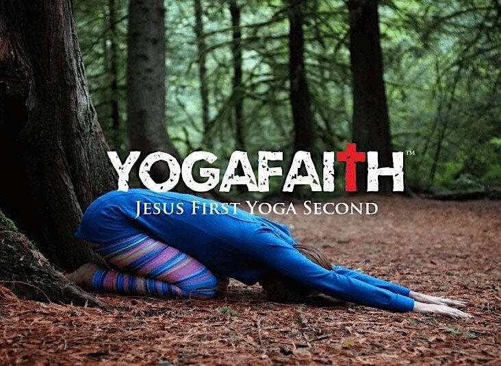 Woman in yoga pose with YogaFaith logo